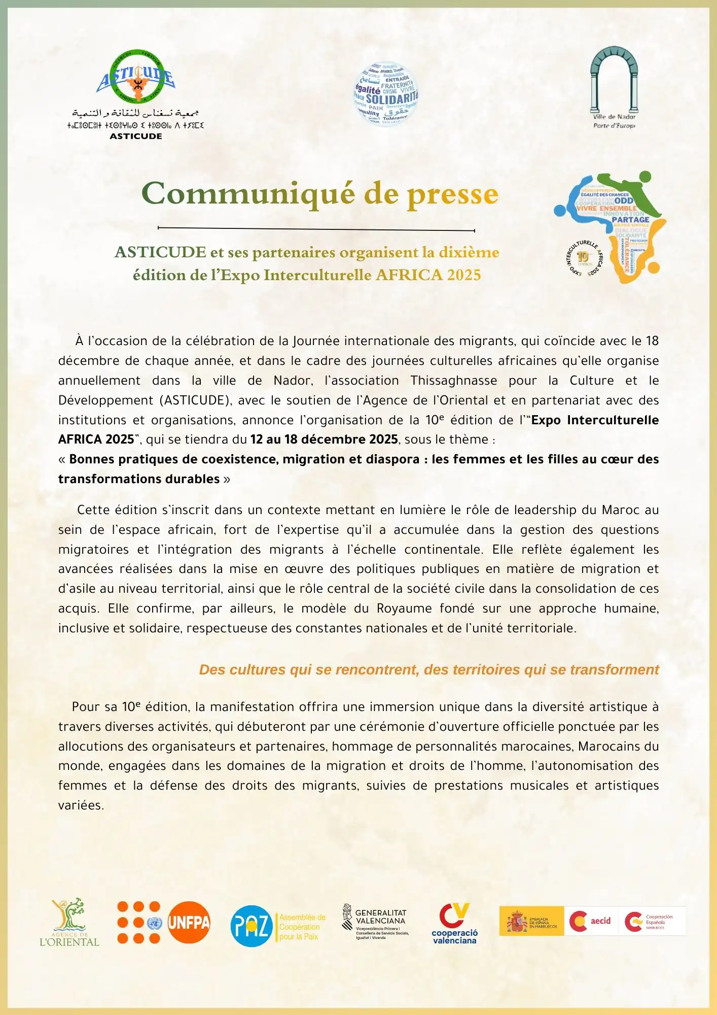 Press release EXPO 2025 Fr 1 COMMUNIQUÉ DE PRESSE: ASTICUDE et ses partenaires organisent la dixième édition de l'Expo Interculturelle AFRICA 2025